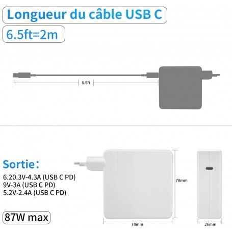 Chargeur MacBook 87 Watts avec câble 2m
