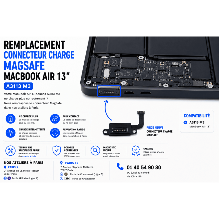 Remplacement Connecteur Charge MagSafe MacBook Air 13" M3 A3113