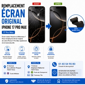 Réparation remplacement écran original Apple iPhone 17 Pro Max Macinfo Paris