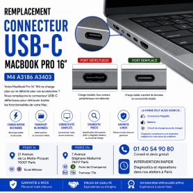 Réparation remplacement connecteur USB-C MacBook Pro 16 pouces M4 A3186 A3403 Paris