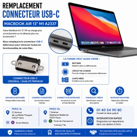 Réparation remplacement connecteur USB-C MacBook Air 13 pouces M1 A2337 Paris