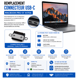 Réparation remplacement connecteur USB-C MacBook Pro 13 pouces A1706 Paris