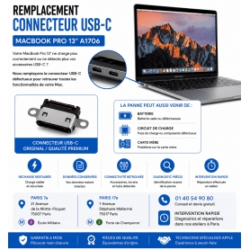 Réparation remplacement connecteur USB-C MacBook Pro 13 pouces A1706 Paris