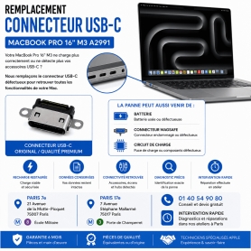 Réparation remplacement connecteur USB-C MacBook Pro 16 pouces M3 A2991 Paris