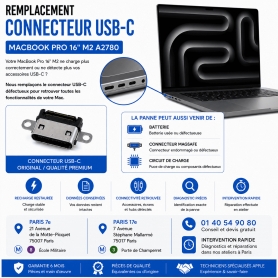 Réparation remplacement connecteur USB-C MacBook Pro 16 pouces M2 A2780 Paris