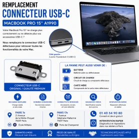 Réparation remplacement connecteur USB-C MacBook Pro 15 pouces A1990 Paris