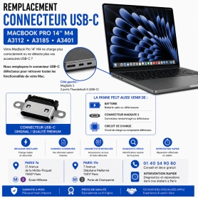 Réparation remplacement connecteur USB-C MacBook Pro 14 pouces M4 A3112 A3185 A3401 Paris