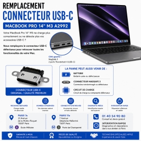 Réparation remplacement connecteur USB-C MacBook Pro 14 pouces M3 A2992 Paris