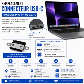 Réparation remplacement connecteur USB-C MacBook Pro 14 pouces M2 A2779 Paris