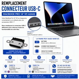 Réparation remplacement connecteur USB-C MacBook Pro 14 pouces M1 A2442 Paris