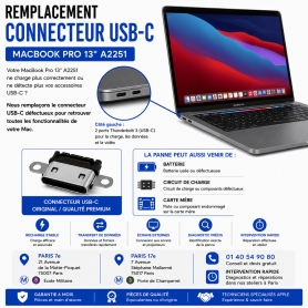 Réparation remplacement connecteur USB-C MacBook Pro 13 pouces A2251 Paris