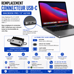 Réparation remplacement connecteur USB-C MacBook Pro 13 pouces A2159 Paris