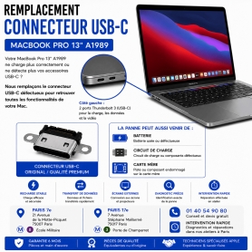 Réparation remplacement connecteur USB-C MacBook Pro 13 pouces A1989 Paris