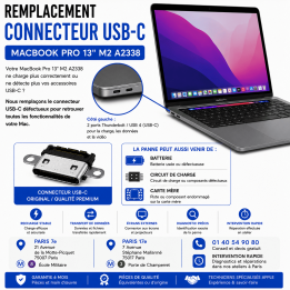 Réparation remplacement connecteur USB-C MacBook Pro 13 pouces M2 A2338 Paris