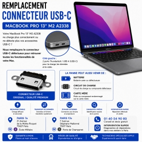 Réparation remplacement connecteur USB-C MacBook Pro 13 pouces M2 A2338 Paris