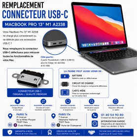 Réparation remplacement connecteur USB-C MacBook Pro 13 pouces M1 A2338 Paris