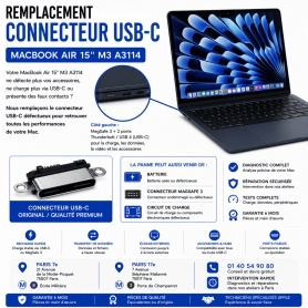 Réparation remplacement connecteur USB-C MacBook Air 15 pouces M3 A3114 Paris