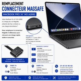 Remplacement connecteur charge MagSafe MacBook Pro 14 pouces M3 A2992 Paris