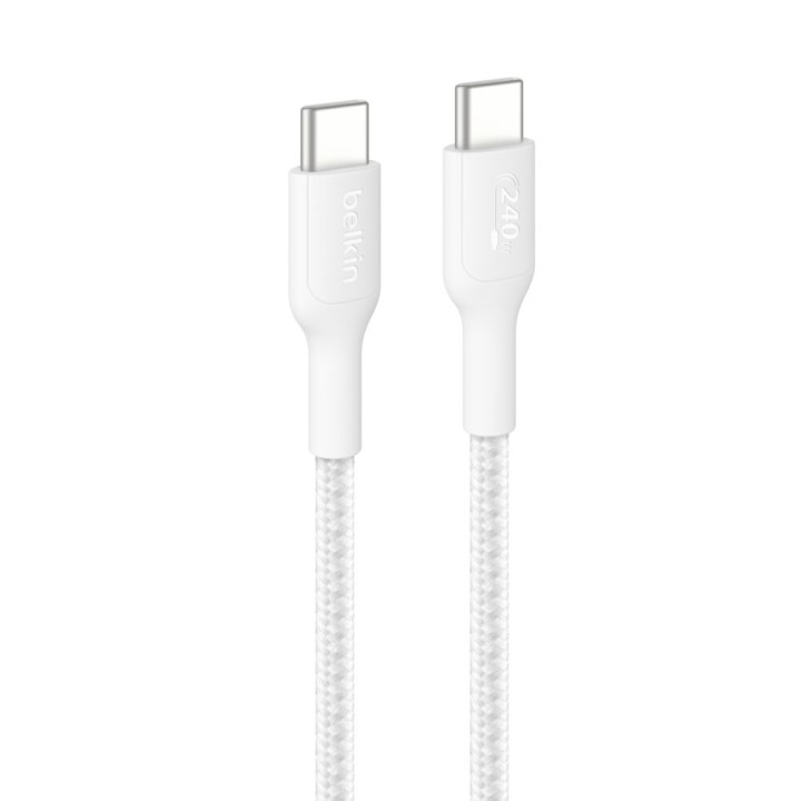 Câble Belkin USB-C vers USB-C 2 m 240 W blanc — connecteurs et gaine tressée
