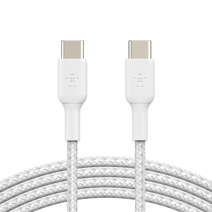 Câble Belkin USB-C vers USB-C 1 m 60 W blanc — connecteurs et gaine tressée