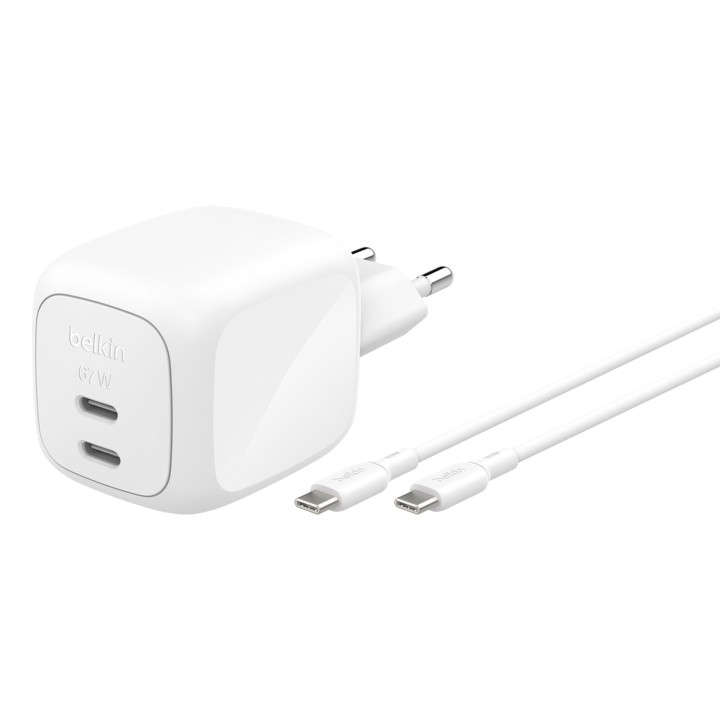 Chargeur secteur Belkin GaN 67 W blanc avec câble USB-C vers USB-C de 2 m