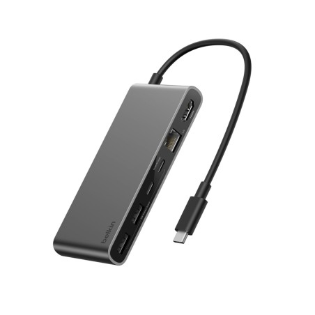Hub USB-C Belkin 8 ports gris — vue des connecteurs USB, Ethernet et HDMI