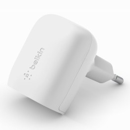 Chargeur secteur Belkin USB-C 20 W blanc — port USB-C et prise européenne