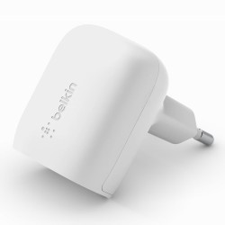 Chargeur secteur Belkin USB-C 20 W blanc — port USB-C et prise européenne