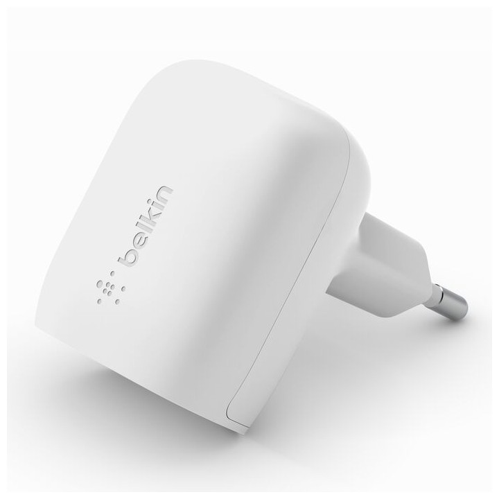 Chargeur secteur Belkin USB-C 20 W blanc — port USB-C et prise européenne