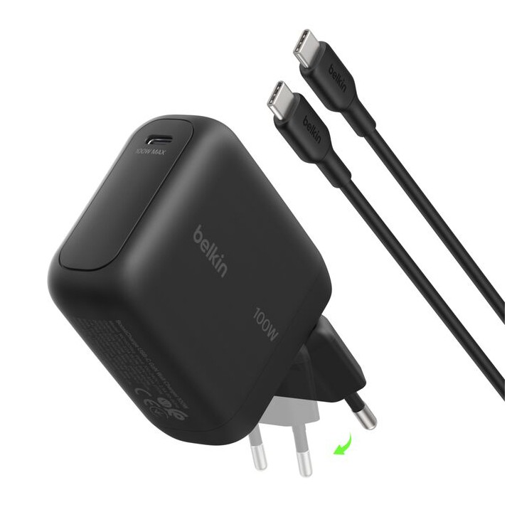 Chargeur GaN Belkin USB-C 100 W noir avec câble USB-C 1,5 m
