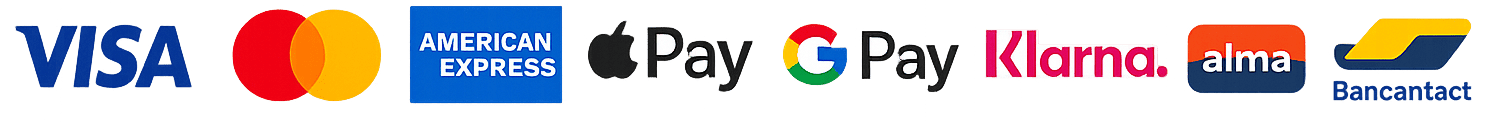Visa, Mastercard, American Express, Apple Pay, Google Pay, Klarna, Alma et Bancontact